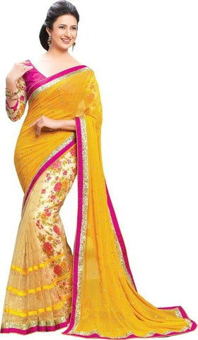 Styloce Georgette+Net EMBROIDERY Yellow Color Party Wear Saree